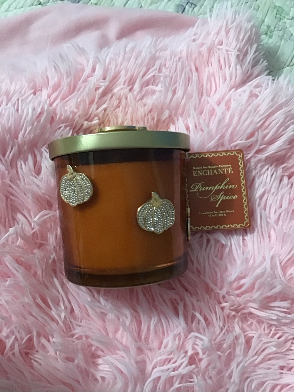New Fall Pumpkin Spice Scented Candle - Amber Glass with Gold Lid and Crystals